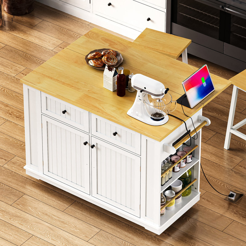 Îlot de cuisine avec 5 tablettes latérales ouvertes, abattant et prise de courant, Blanc