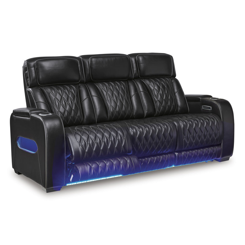 Black Leather Power Reclining Sofa with Cup Holder
