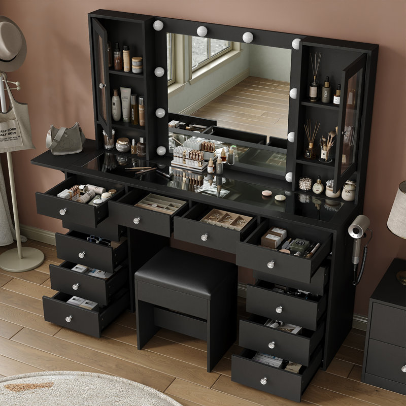 Tamon Dressing Table with Mirror, Black