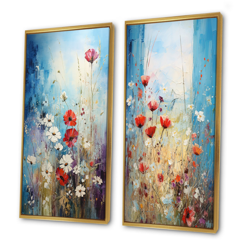 Ensemble de 2 impressions sur toile rouges et blanches «Meadow View I», Cadre flottant doré, H 32 po x l 33 po