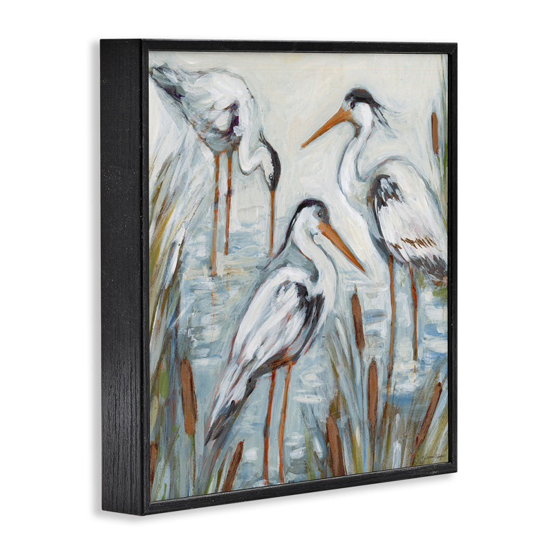 Trois hérons dans l'eau, estampe numérique, design par Susan Winget, Giclée encadrée noir minuit, H 12 po x l 12 po