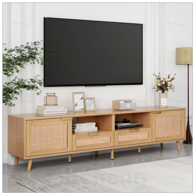 Rattan TV Stand for TVs up to 85in, Modern Farmhouse Media Console with Solid Wood Legs and Ample Storage