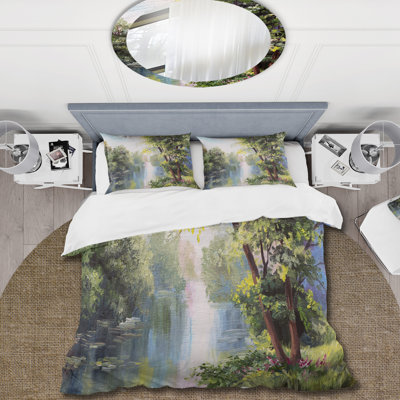 Paysage - Lake In The Forest Summer Day - Ensemble de housse de couette Lake House - Microfibre de polyester