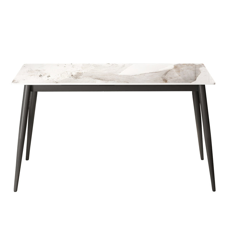 Table de salle à manger pour 6 personnes, moderne, blanc, pierre frittée, rectangulaire, stable, pieds en métal gris foncé, facile à nettoyer, haute température, table de salle à manger rectangulaire en pierre blanche