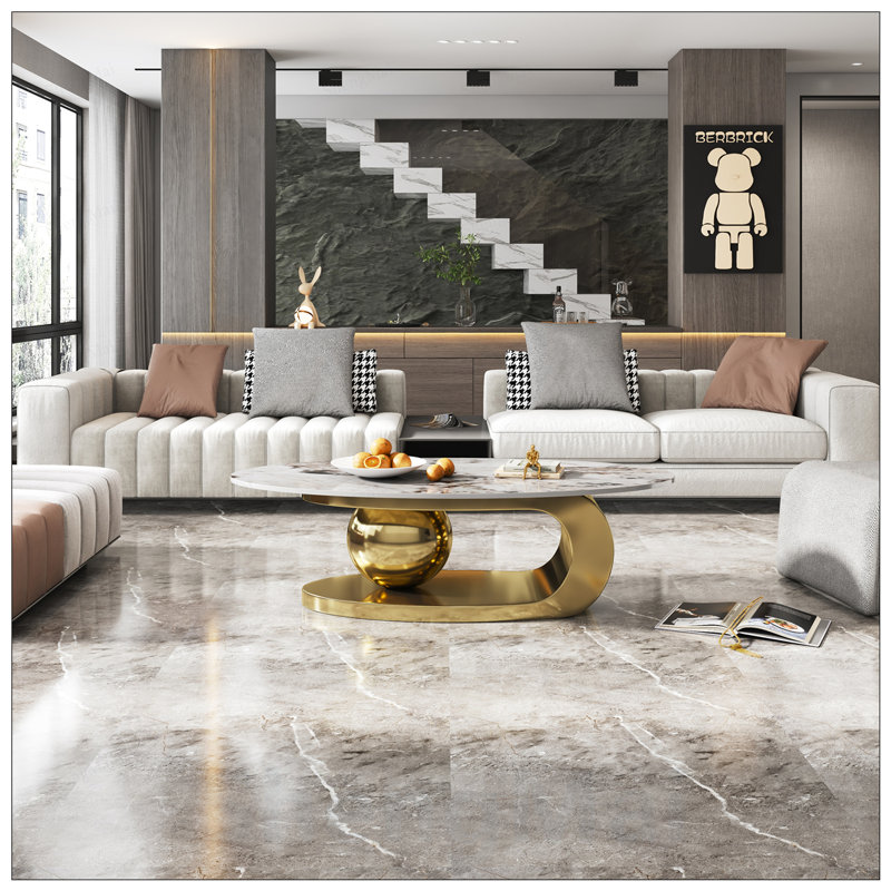 Table basse ovale en faux marbre avec base en acier inoxydable, durable et élégante pour les salons modernes, Gris blanc / or