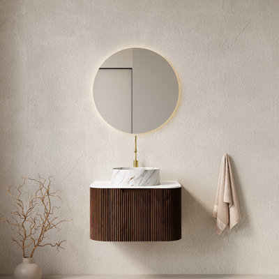 Meuble-lavabo de salle de bain 24 po avec lavabo, meuble de rangement mural rayé à bords arrondis avec tiroir et lavabo en céramique blanche avec motif de pierre