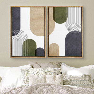Ensemble de motifs géométriques géométriques vert, brun clair et noirs à motif abstrait de style bohémien relaxant 2 pièces