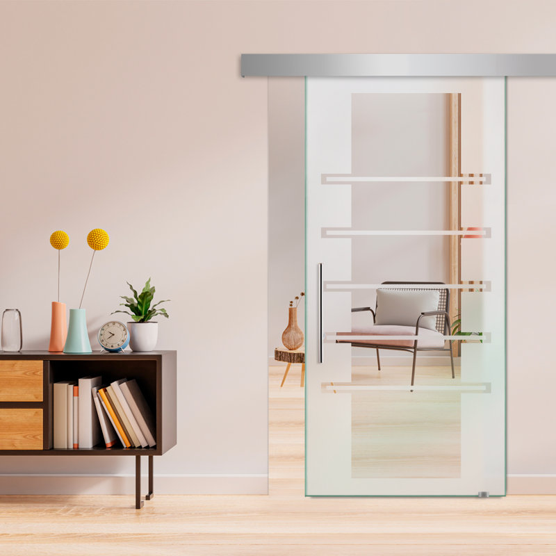 Porte de grange coulissante en verre sans cadre avec design moderne givré + ensemble de quincaillerie (non privé)