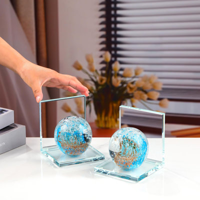 Book Ends For Shelves, Glass Bookends With Light Blue Glass Hand Blown Sea Wave Ball, Non Skid Sturdy Decorative Bookends For Ocean Lovers, Heavy Books, Office, Set Of 2