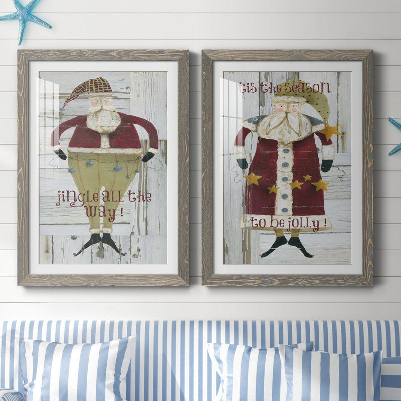 Jingle Santa - ensemble de 2 reproductions, Blanc, Cadre en papier gris, H 37,5 po x l 27,5 po x P 1 po