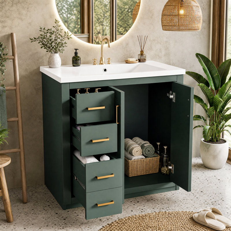 Meuble-lavabo de salle de bain 30 po avec lavabo en céramique, 3 tiroirs et portes à fermeture douce, armoire de rangement sur pied en bois massif - Vert