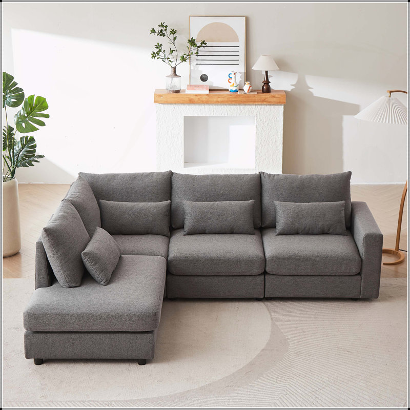 Canapé convertible en L en forme de L avec repose-pieds et coussins multiples, parfait pour le salon et le bureau, Tissu gris