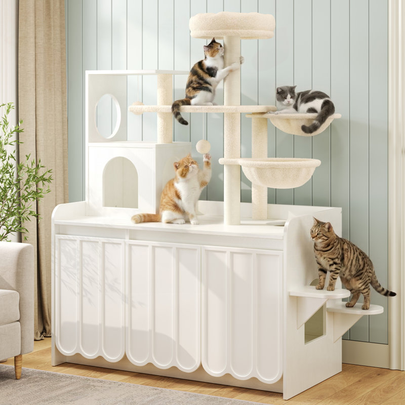 Arbre à chat 50,6 po avec bac à litière, poteaux à griffer et hamacs (blanc)