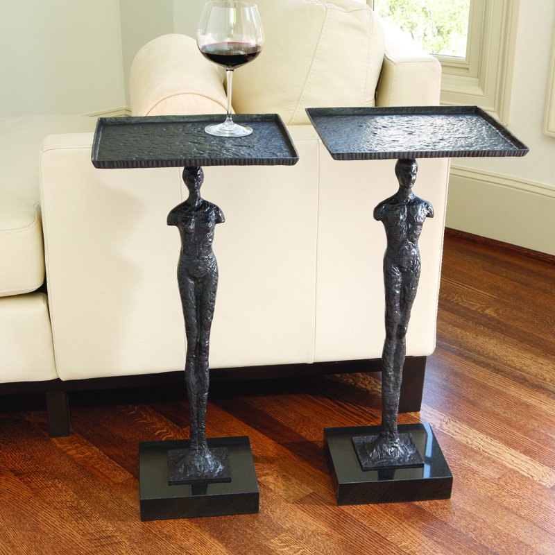 Bonaparte Iron Tray Top End Table, Black Hand Forged Iron/Black Honed Granite