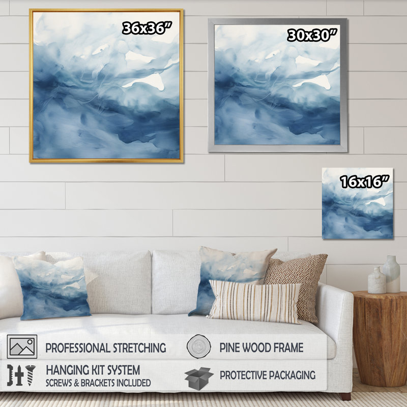 «Blue and White Dancing Watercolor Clouds», peinture abstraite grand art mural, H 24 po x l 24 po x P 1 po, Toile tendue