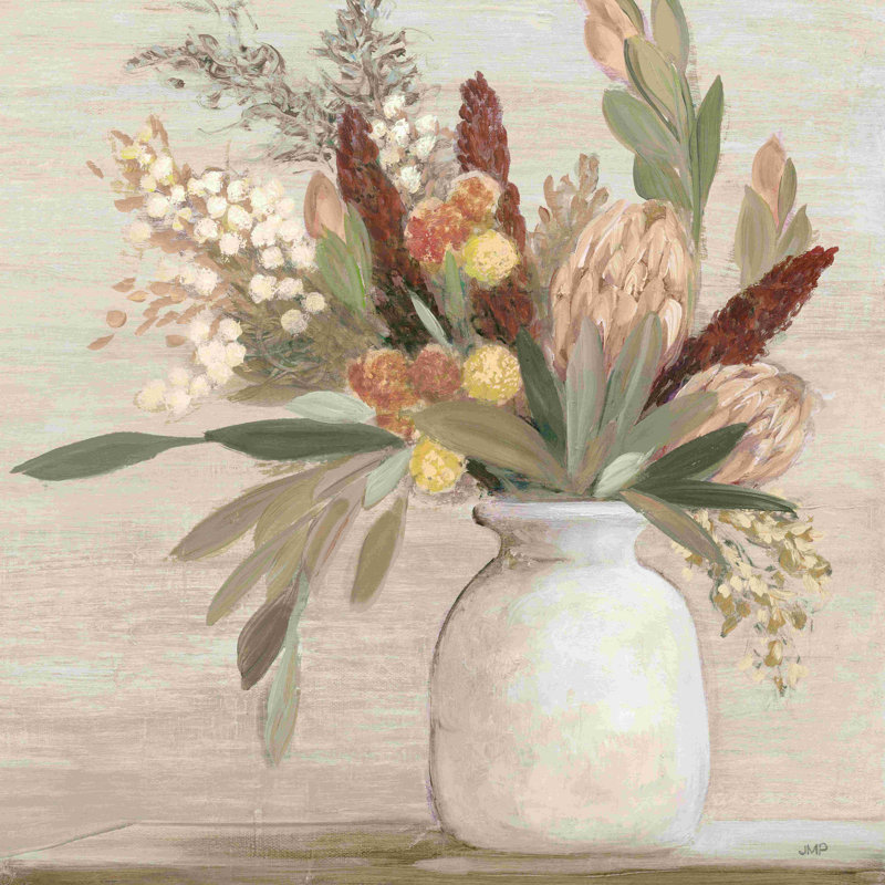 «Warm Protea Still Life Crop» par Julia Purinton, peinture sur toile tendue, H 12 po x l 12 po