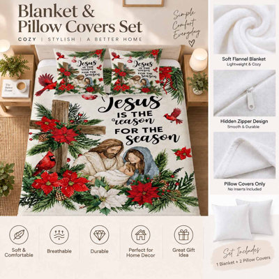 Christmas Spruce Jesus Red Bird Flannel Throw Blanket All Season Using Ultra Soft Fuzzy Plush Cozy Non-shedding Blanket for Couch Sofa Bed Camping, Ideal Gift for Adults 50*60inch Includes 2 pillowcases with the same print