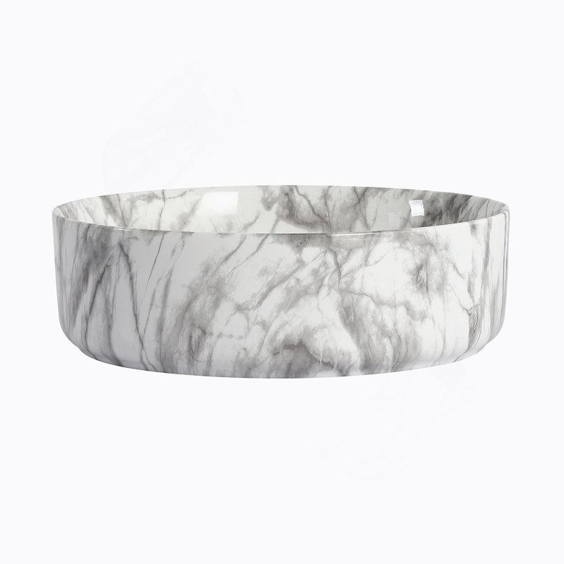 Lavabo de salle de bain rond en céramique sur fond blanc avec motifs gris, Blanc / Gris