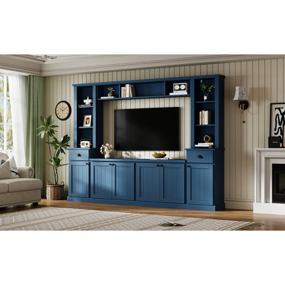 Grand meuble télé bleu pour téléviseur de 75 po, hauteur réglable contemporaine, unité murale de divertissement dans le salon moderne avec pont