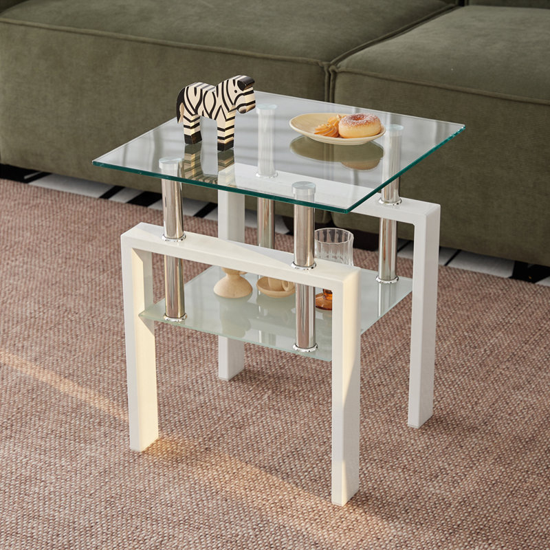 Table de bout en verre trempé transparent, petite table avec rangement 2 couches