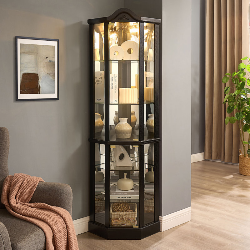 Lighted Glass Display Cabinet, Corner Curio Cabinet With Adjustable Shelves, Black