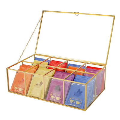 Glass Tea Bag Organizer with 8 Compartments, Handmade Large Tea Bag Storage Box for Counter Kitchen, Tea Bag Holder,Tea Storage Containers with Lid,Tea Accessories Gifts for Tea Drinkers,Gold