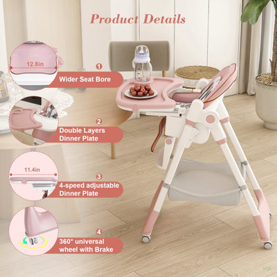 Adjustable Baby High Chair 0-6 Years – Portable Infant Feeding Seat with Safety Belt, Silent Lockable Wheels & Easy-Clean Design for Home, Dining, Living Room, Bedroom