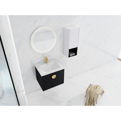Modern Bathroom Vanity With Ceramic Sink And Side Storage Unit - 24" Wall Mount Black Chestnut & Cabinet Finish