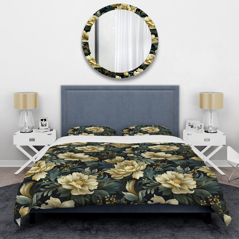 Ensemble de housse de couette Green Damask Marigold Oasis I, Housse de couette pour grand lit et 2 taies décor