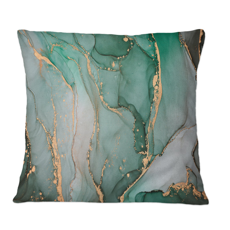 Turquoise et gris luxueux abstrait Art fluide III - coussin décoratif imprimé moderne, 18 po x 18 po