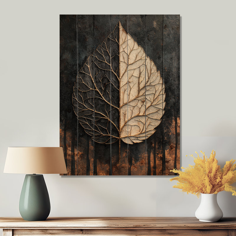 Modern Dark Leaves Symmetry Of Winter II - Leaves Wood Wall Art - On Natural Pine Wood, 40" H x 30" W x 0.78" D