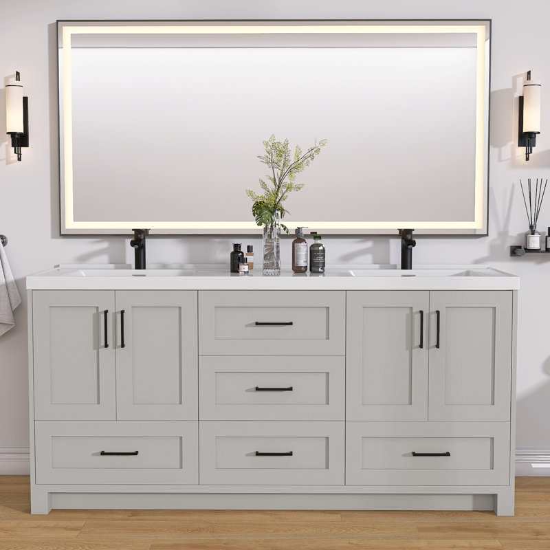 Meuble-lavabo autoportant en bois gris clair avec comptoir à surface solide Loxhill