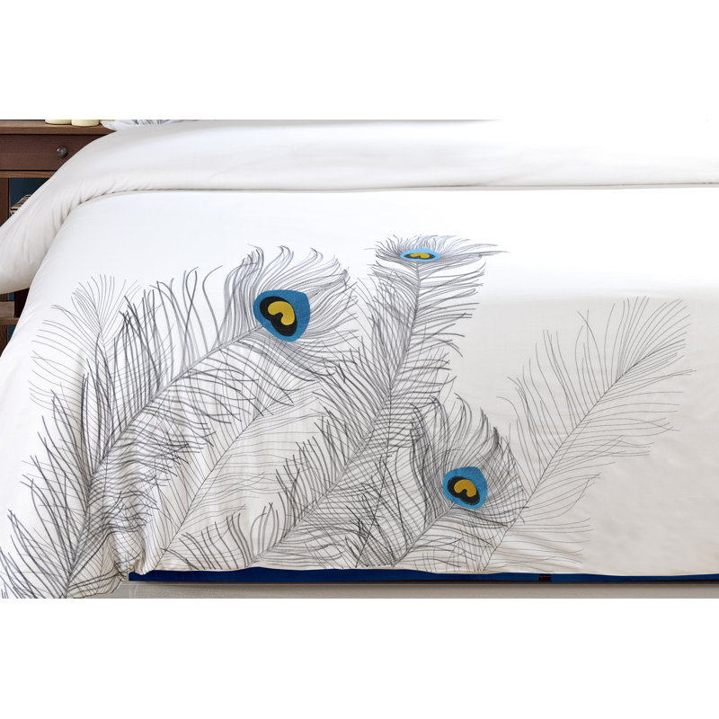 Sadin Cotton Peacock Embroidered Duvet Cover Set, Silver, King/California King Duvet Cover + 2 King Shams