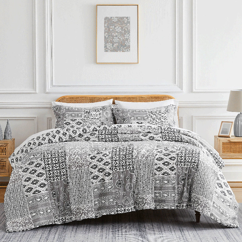Ensemble de housse de couette réversible en microfibre Global Patchwork Collection, Gris