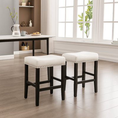 Set of 2 Faux Leather Backless Counter Stools with Nailhead Trim and Espresso Wood Legs