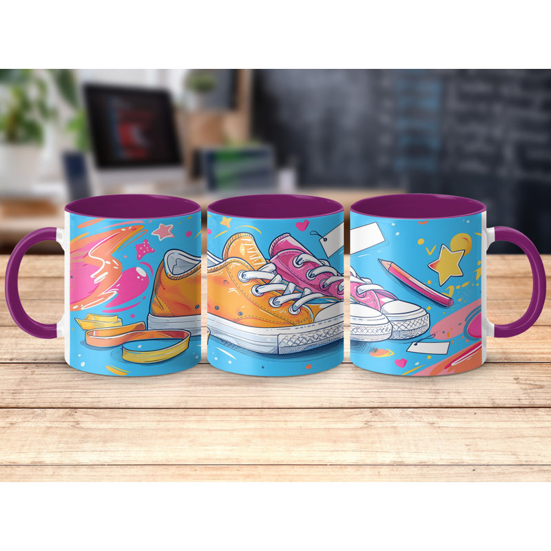 Kids Drawing Style 11oz Accent Mugs – Ceramic Coffee Cup with a Purple Handle and Interior
