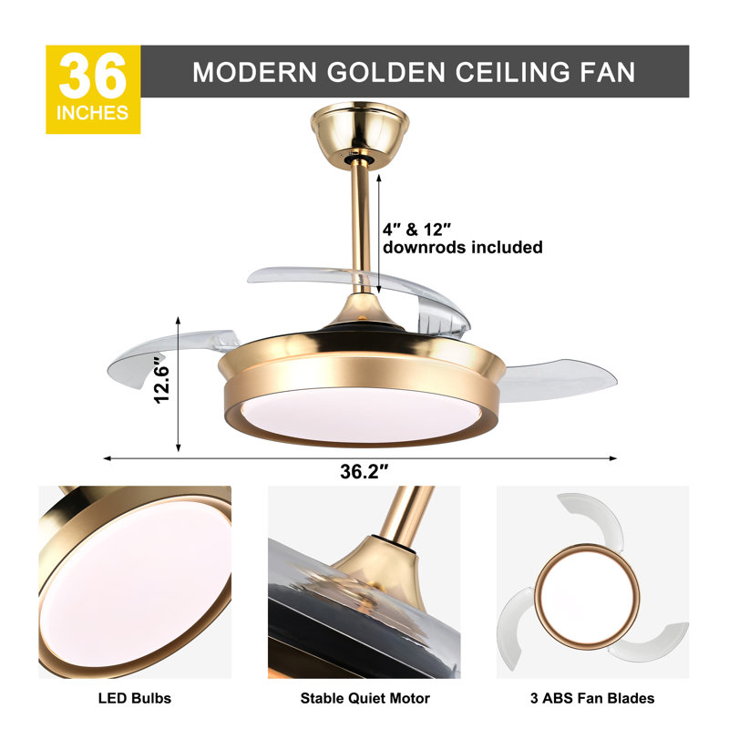 36" 3-Blade Gold Ceiling Fan with Lights and Remote Control, 6-Speed Latest DC Motor Ceiling Fan for Living Room, Bedroom
