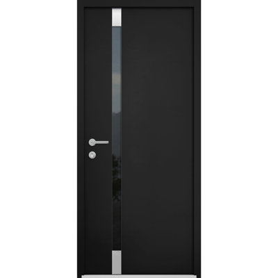 Front Exterior Prehung Steel Door / Cynex 6777 Black / Stainless Inserts Single Modern Painted-W36" x H80"-Left-hand Inswing