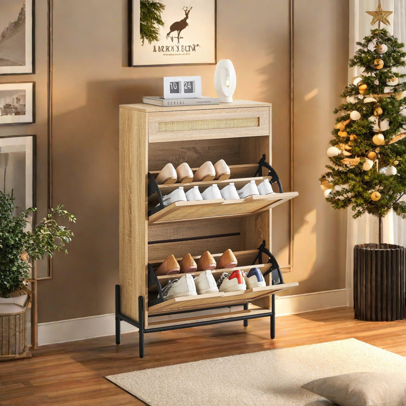 Shoe Cabinet With 2 Flip Door And 1 Drawer, Rattan Shoe Cabinet With Adjustable Shelf And Metal Legs, Oak Wood