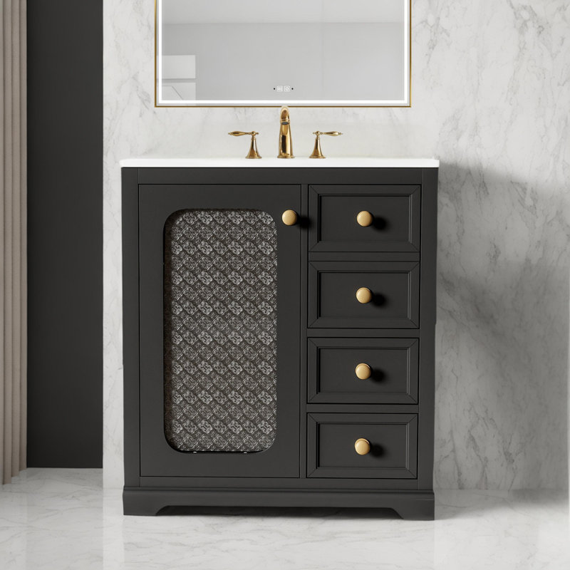 30" Bathroom vanity with a soft close glass door, adjustable shelves, and three drawers, Black