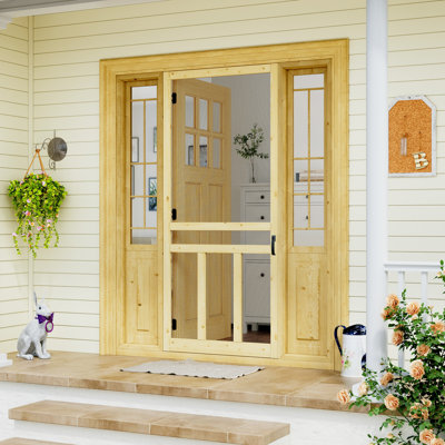 32 in. x 80 in. 3 Lite Universal Unfinished Pine Gauze Mesh Screen Door Slab Front Door Exterior Door With Lock