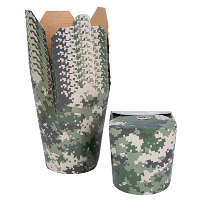 Restaurantware-Bio Tek 3.2 x 2.9 x 4 Inch Food Containers, 50 Noodle Takeaway Boxes - Disposable, Sturdy, Camouflage Paper 16 Ounce Take Out Boxes, Round, For Hot Or Cold Foods