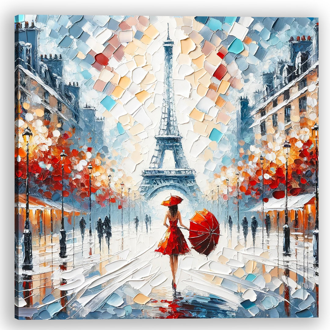 Textured Oil Painting Of Eiffel Tower And Strolling Lady With Red Umbrella On Canvas Print Winston Porter 
