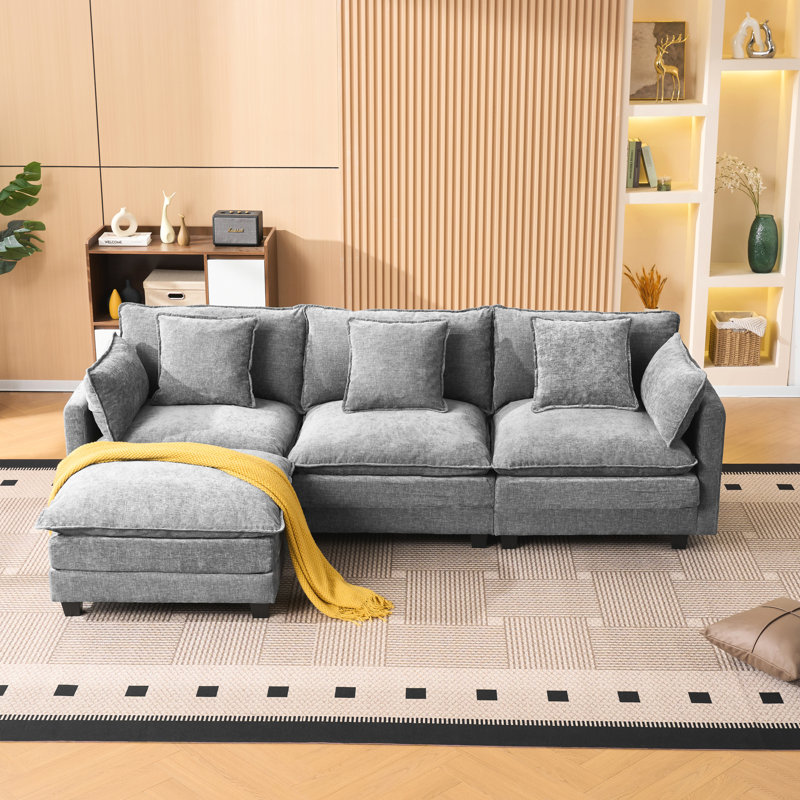 Gray 3 Seat Sofas with Movable Ottoman, Chenille Modern Living Room