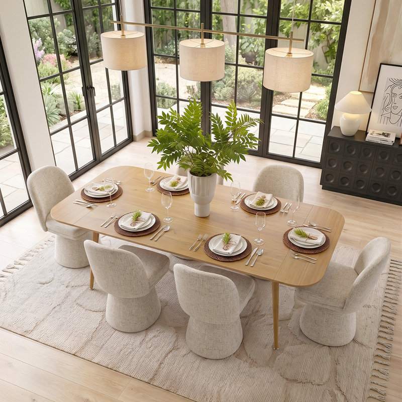 Ensemble de table de salle à manger pour 6 personnes avec table extensible et 6 chaises rembourrées en tissu Tweed, Gruau