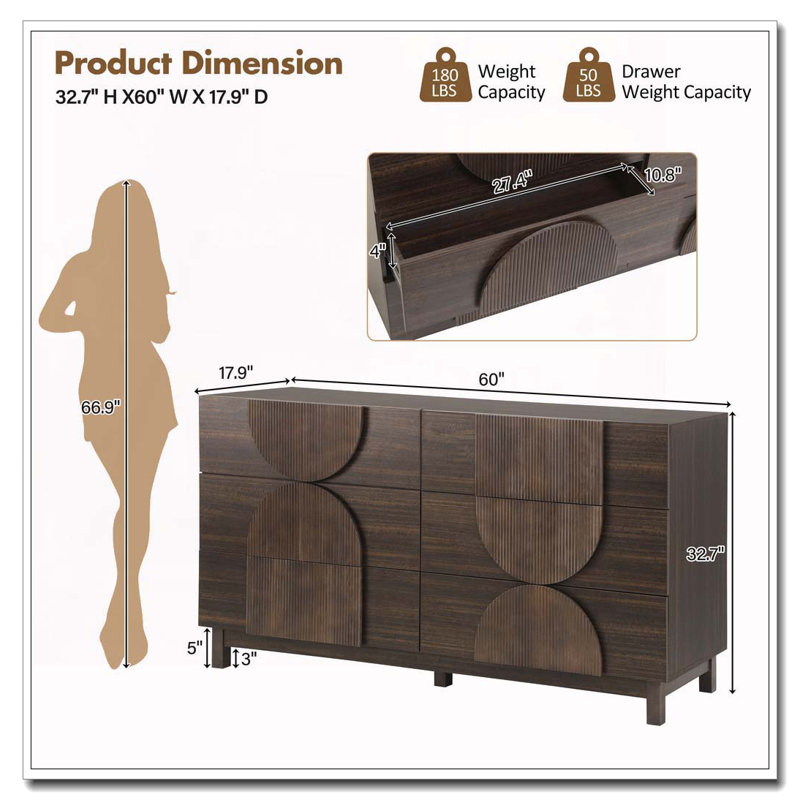 6 Drawer Dresser for Bedroom, Dark Brown