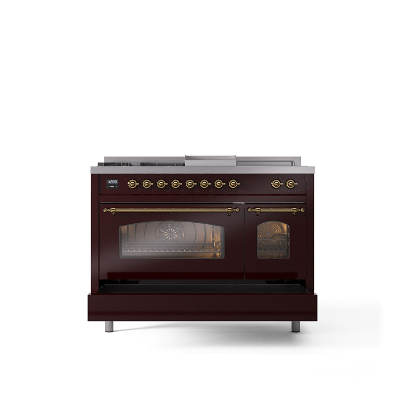 ILVE Nostalgie II 48 Dual Fuel Range, Liquid Propane, Burgundy/Brass
