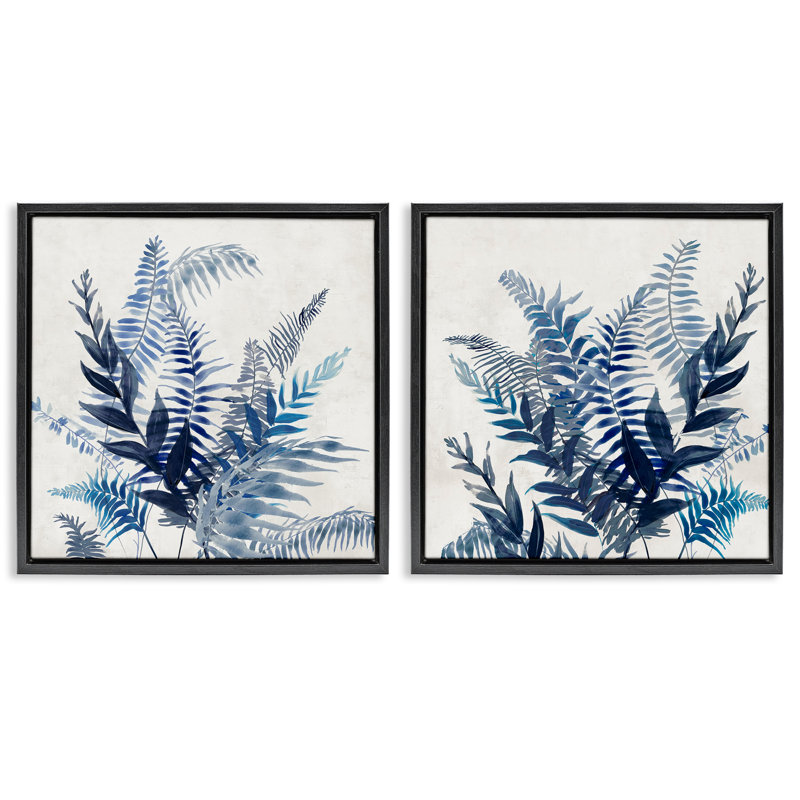 Ensemble de 2 toiles flottantes encadrées Intertwining Blue Fronds, design par Jacob Q, Cadre flottant noir de jais