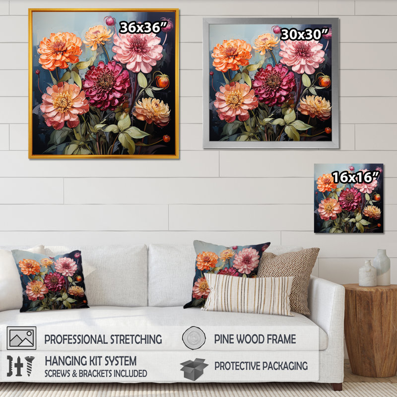 «Bold Zinnias Flowers I», reproduction sur toile, Cadre flottant noir, H 16 po x l 16 po