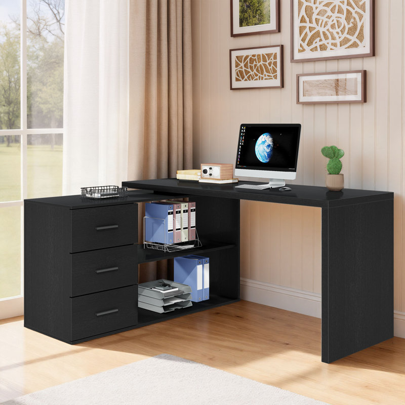 360° Rotating L Shaped Computer Desk With 3 Drawers And 2 Shelves, Home Office Swivel Desk For Work, Reversible Wood Corner Desk With Storage Cabinet, 55 Inch